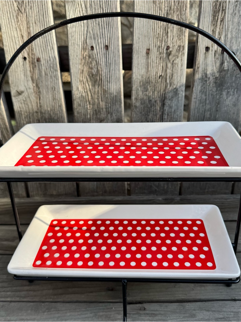 Retro Red Polka Dot Two-Tier Serving Tray Black Metal Handle Appetizer Stand